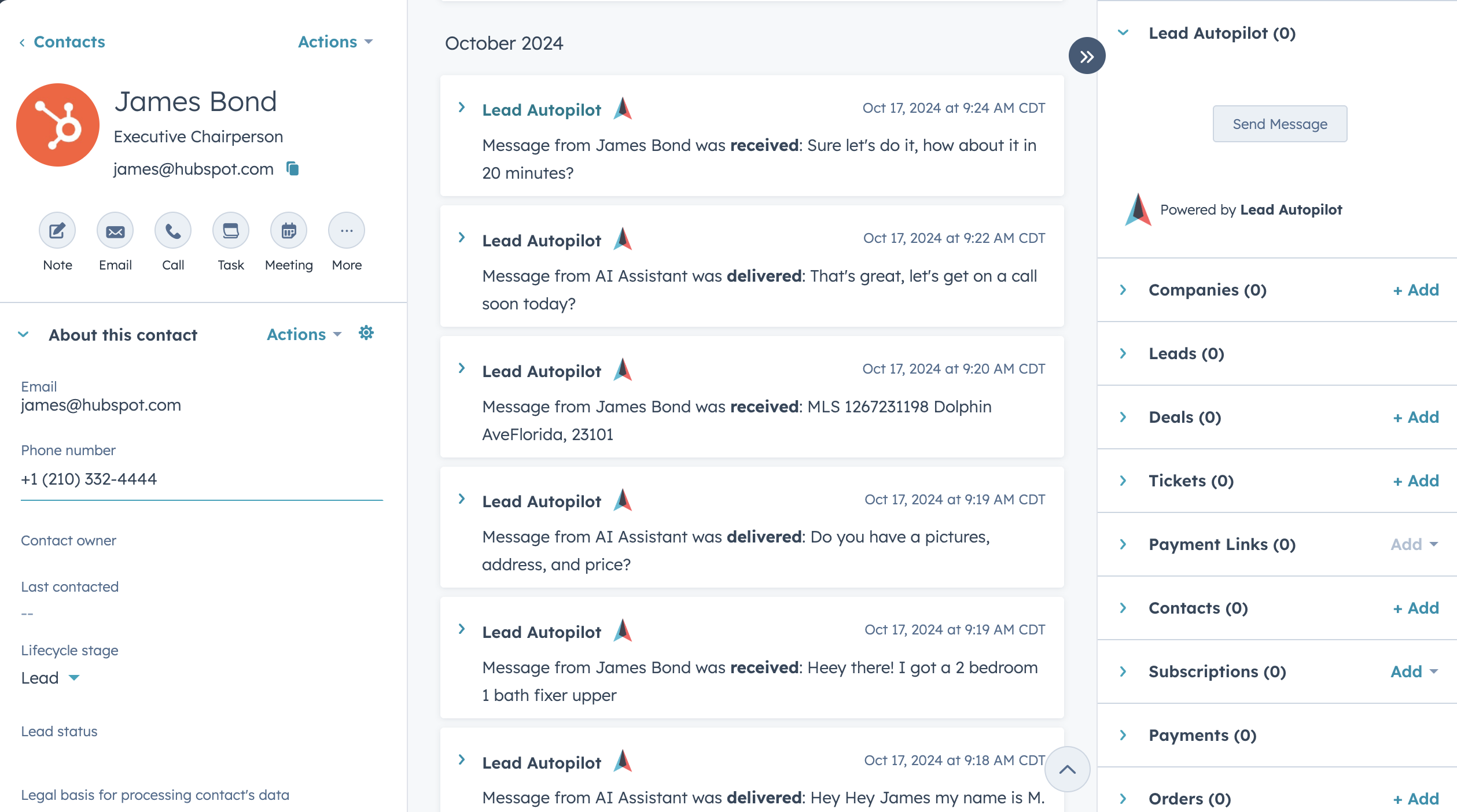 HubSpot contact record with reflekt_legal_campaign property used to sync contacts into Reflekt Legal