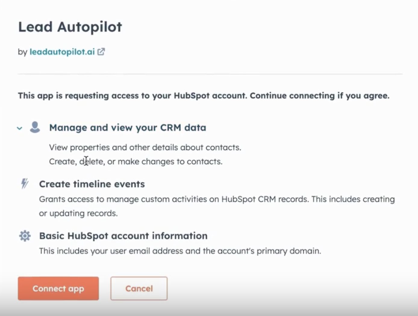 HubSpot OAuth permissions screen showing scopes required by Reflekt Legal to read and write contacts